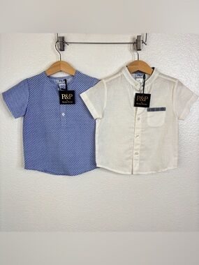 NWT PICCINO PICCINO Collarless Short Sleeve Button Down Shirt Bundle Boys Sz 2T